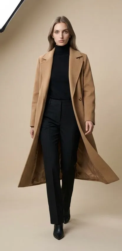 Modelo con abrigo largo camel abierto sobre jersey negro y pantalón negro