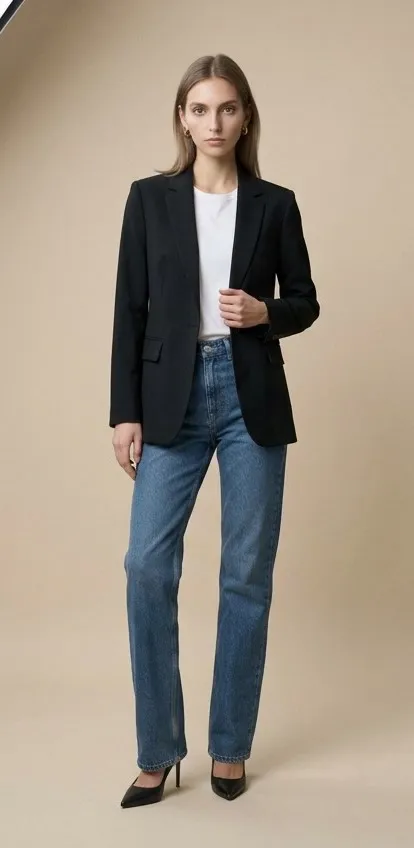 Modelo con americana negra sobre camiseta blanca y vaqueros