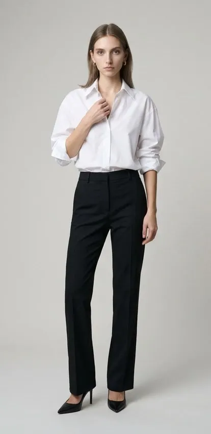 Modelo con camisa blanca amplia y pantalón de traje negro