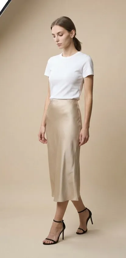 Modelo con camiseta blanca de algodón y falda midi de satén champán
