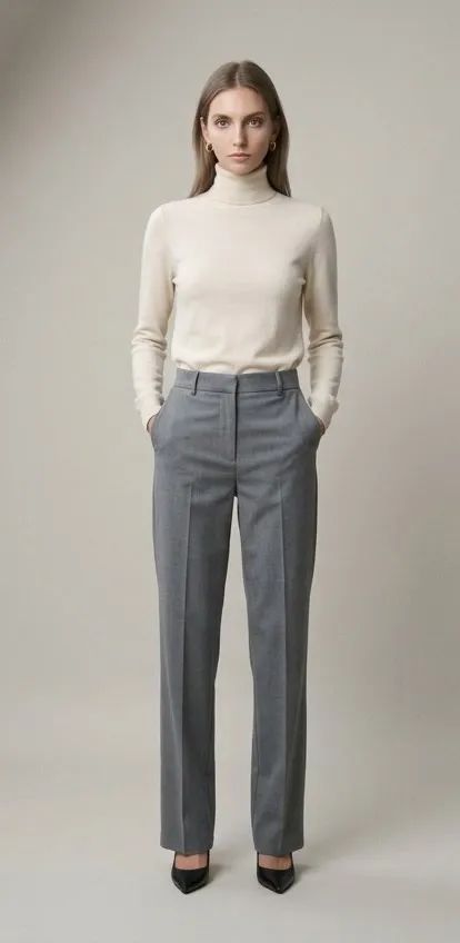 Modelo con pantalón de traje gris y jersey de cuello alto crema