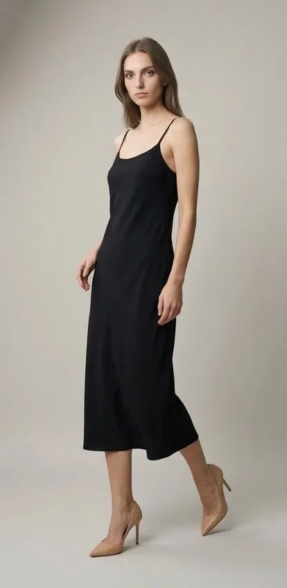 Modelo con vestido negro de tirantes y zapatos de tacón nude
