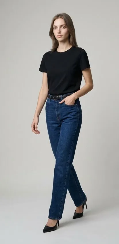 Modelo con vaqueros azul oscuro rectos y camiseta negra