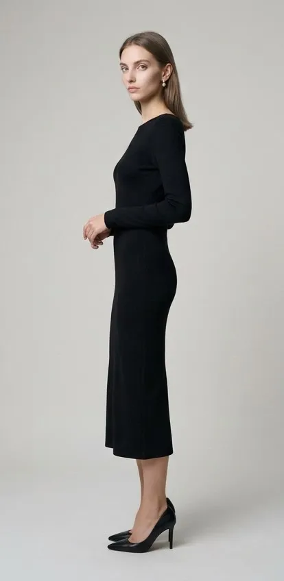 Modelo de perfil con un vestido negro midi de punto