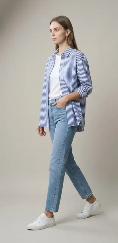 Modelo camina con zapatillas blancas, vaqueros claros y camisa de rayas