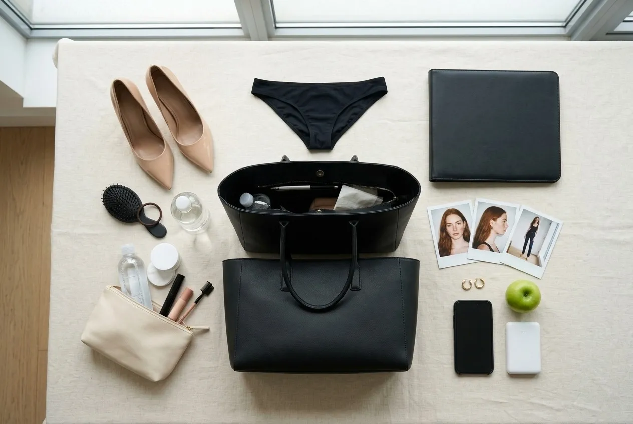 La bolsa de casting de una modelo vista desde arriba: tacones nude, bikini negro, portafolio, polaroids, neceser, cepillo, agua, manzana, móvil y batería