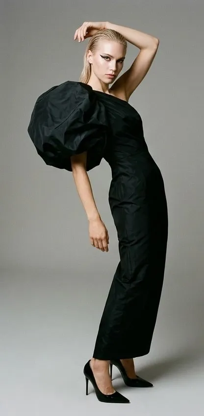 Modelo con un vestido escultórico negro de manga voluminosa en una pose angulosa