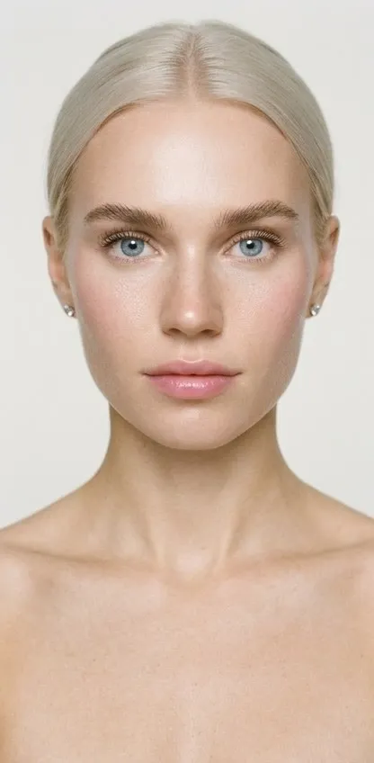 Primer plano de una modelo rubia platino con los hombros desnudos y maquillaje mínimo