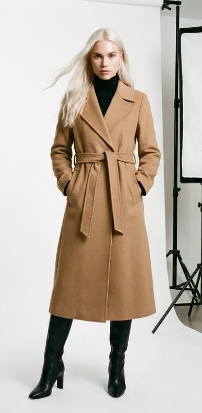 Modelo con abrigo camel con cinturón en el set de una campaña, con una ventana de luz a un lado