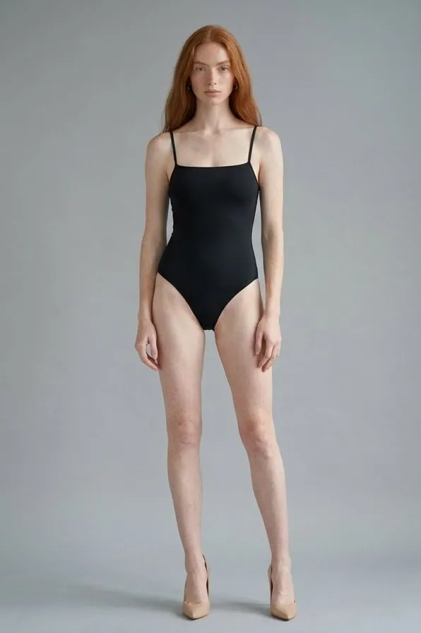 Modelo pelirroja de frente con bañador negro liso de tirantes finos y tacones nude