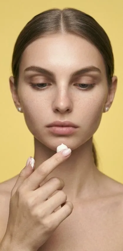 Modelo muestra en la yema del dedo una pequeña cantidad de crema