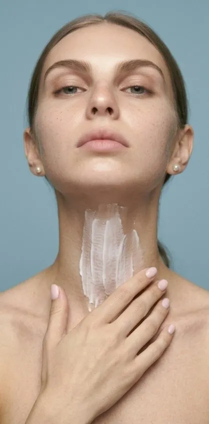 Modelo con la cabeza inclinada hacia atrás extiende crema por el cuello hacia la barbilla
