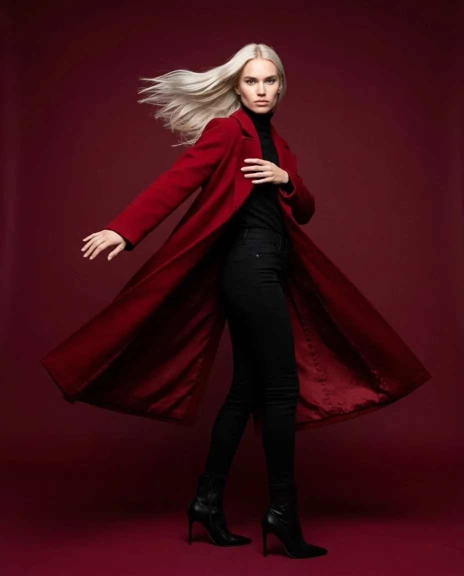 Modelo rubia platino gira con un abrigo rojo largo que se abre en el aire sobre un fondo burdeos
