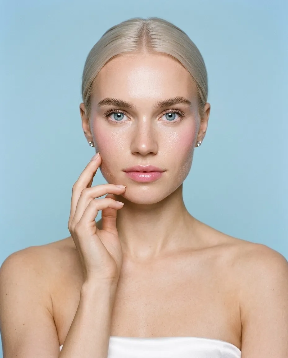 Primer plano de belleza de una modelo rubia platino con los hombros descubiertos sobre un fondo azul cielo