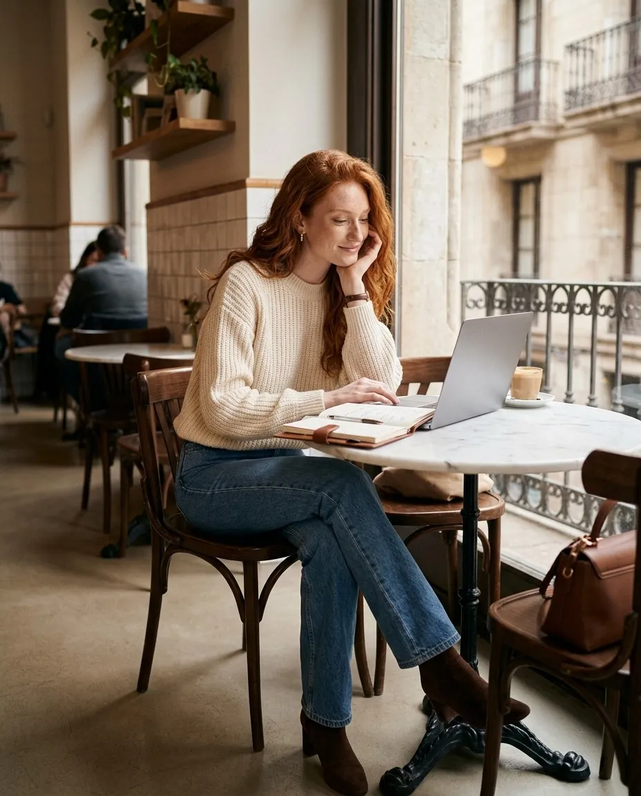Modelo pelirroja en una cafetería de Barcelona revisa sus cuentas en el portátil y su agenda
