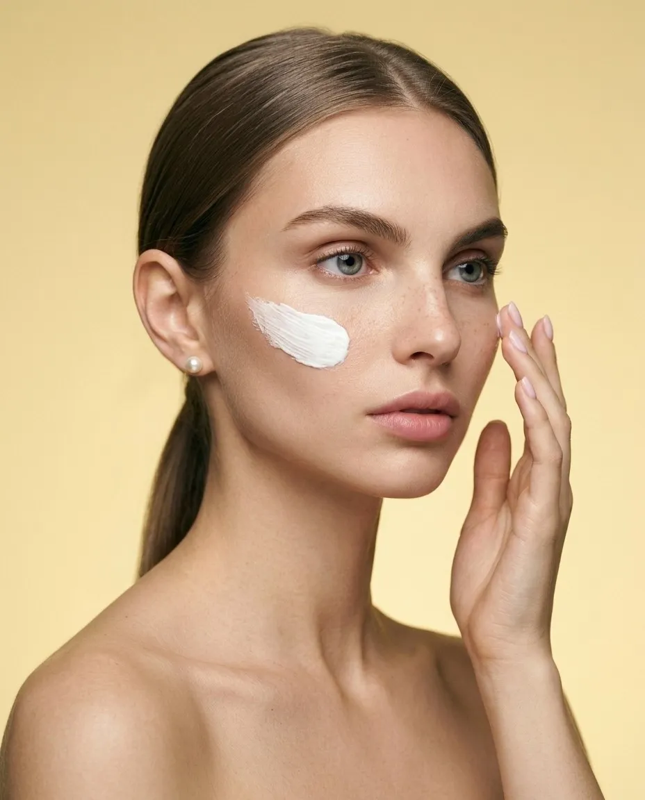 Modelo con una pincelada de crema blanca en el pómulo, de perfil, sobre un fondo amarillo mantequilla