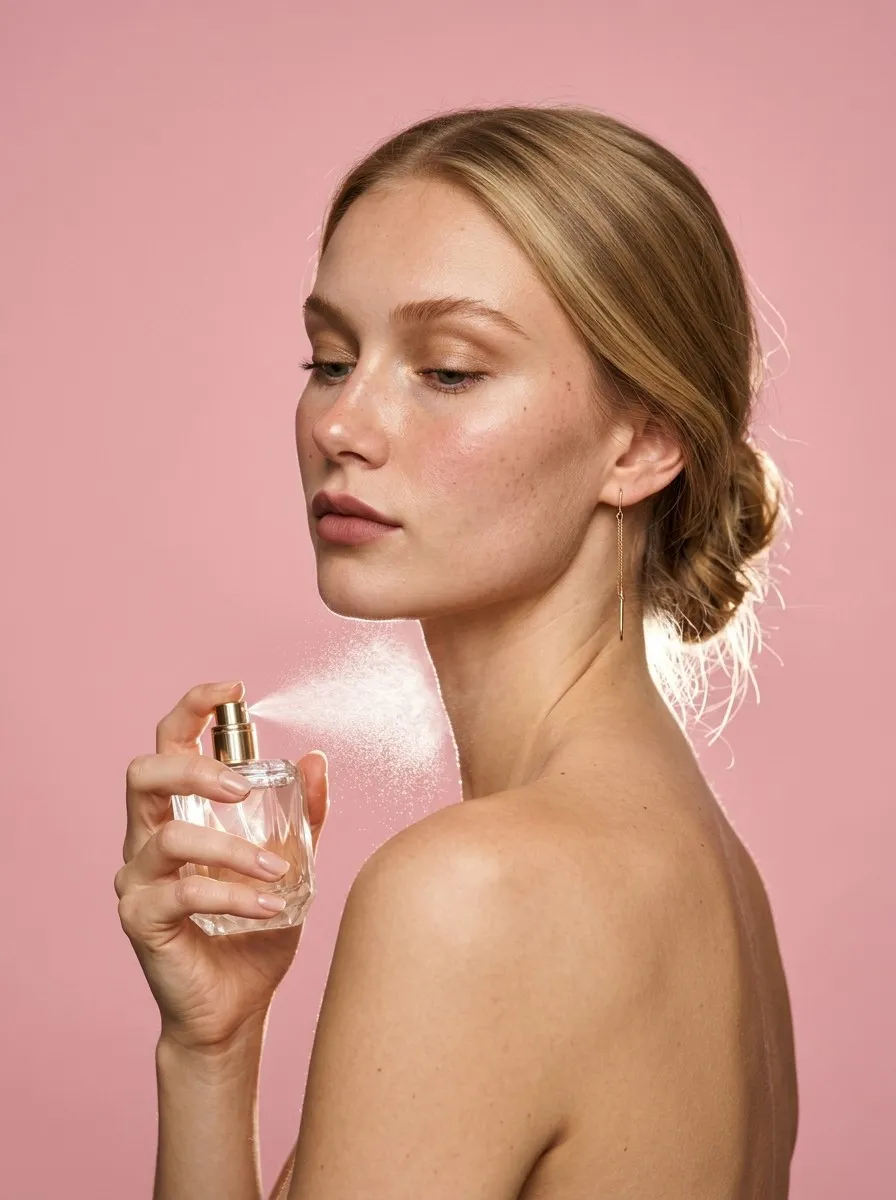 Modelo de espaldas pulveriza perfume junto al cuello, con una nube fina en el aire