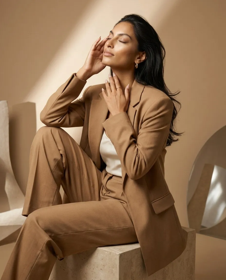 Modelo morena con traje camel, sentada, roza su rostro y su cuello con las manos de canto y los ojos cerrados