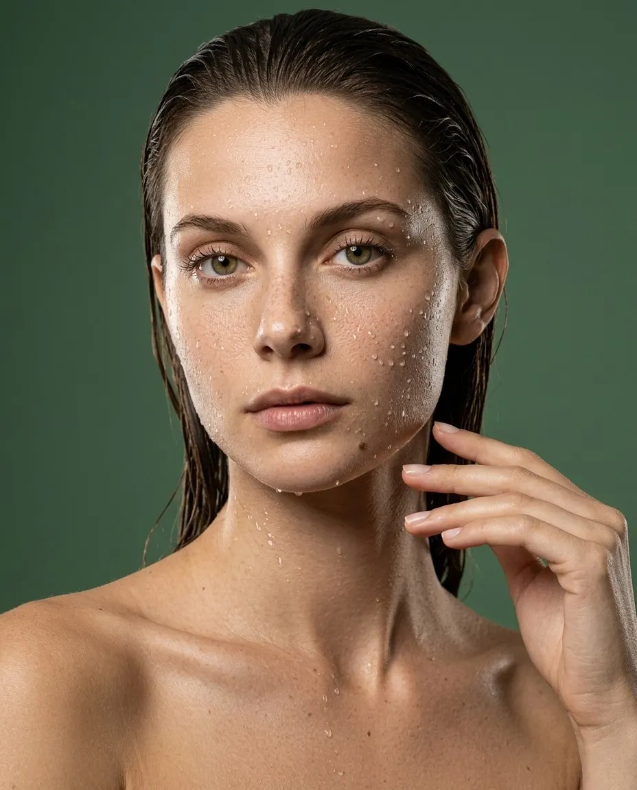 Modelo con el pelo mojado peinado hacia atrás y gotas de agua en el rostro, sobre un fondo verde salvia