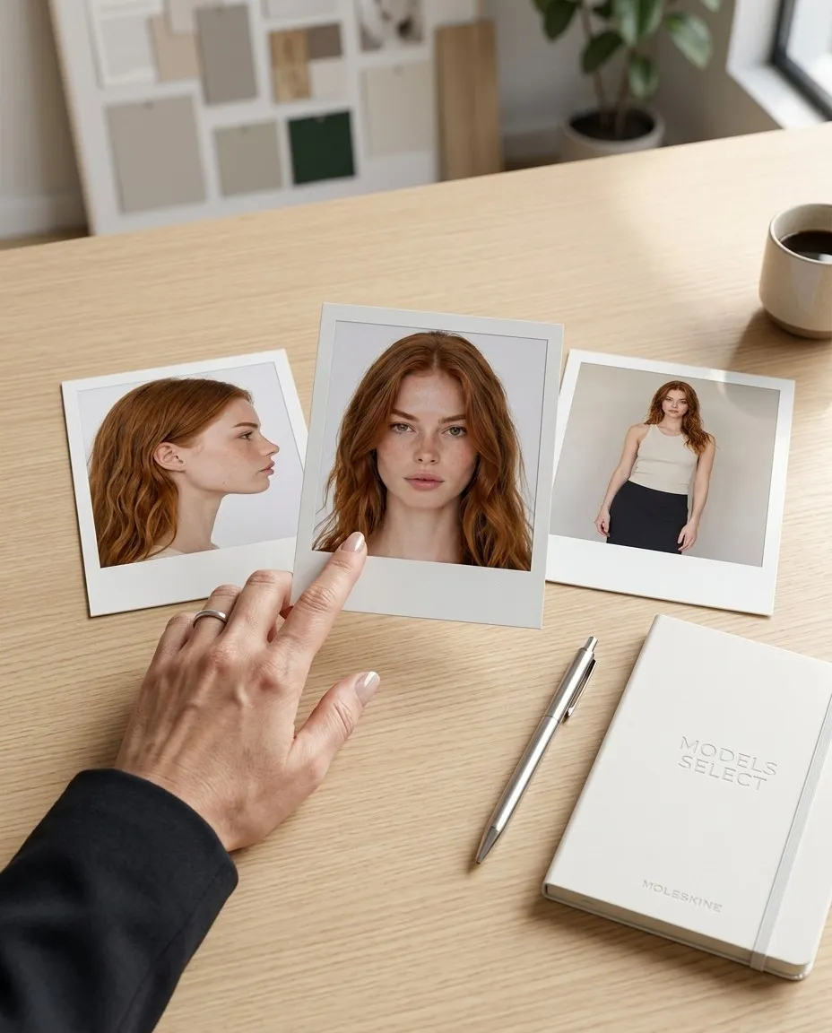 Polaroids de una modelo pelirroja de perfil, de frente y de cuerpo entero sobre la mesa de una agencia, mientras una mano elige una