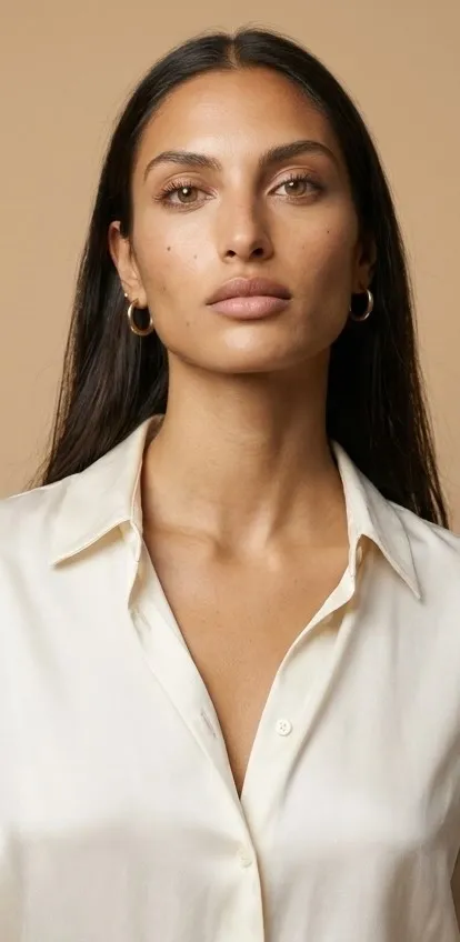 Primer plano de una modelo morena con la frente hacia la cámara y el mentón ligeramente bajo, marcando la mandíbula