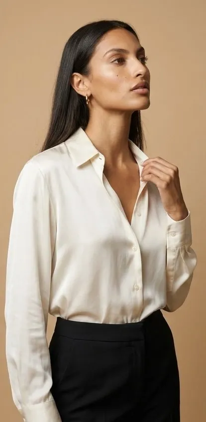 Modelo morena con camisa de seda marfil mira hacia un punto alto fuera del encuadre