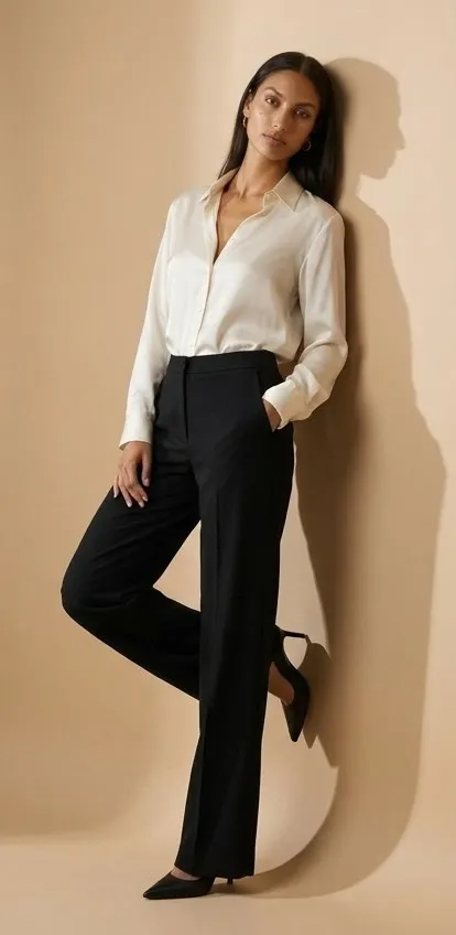 Modelo morena apoyada en una pared con la espalda y un pie, con una mano en el bolsillo