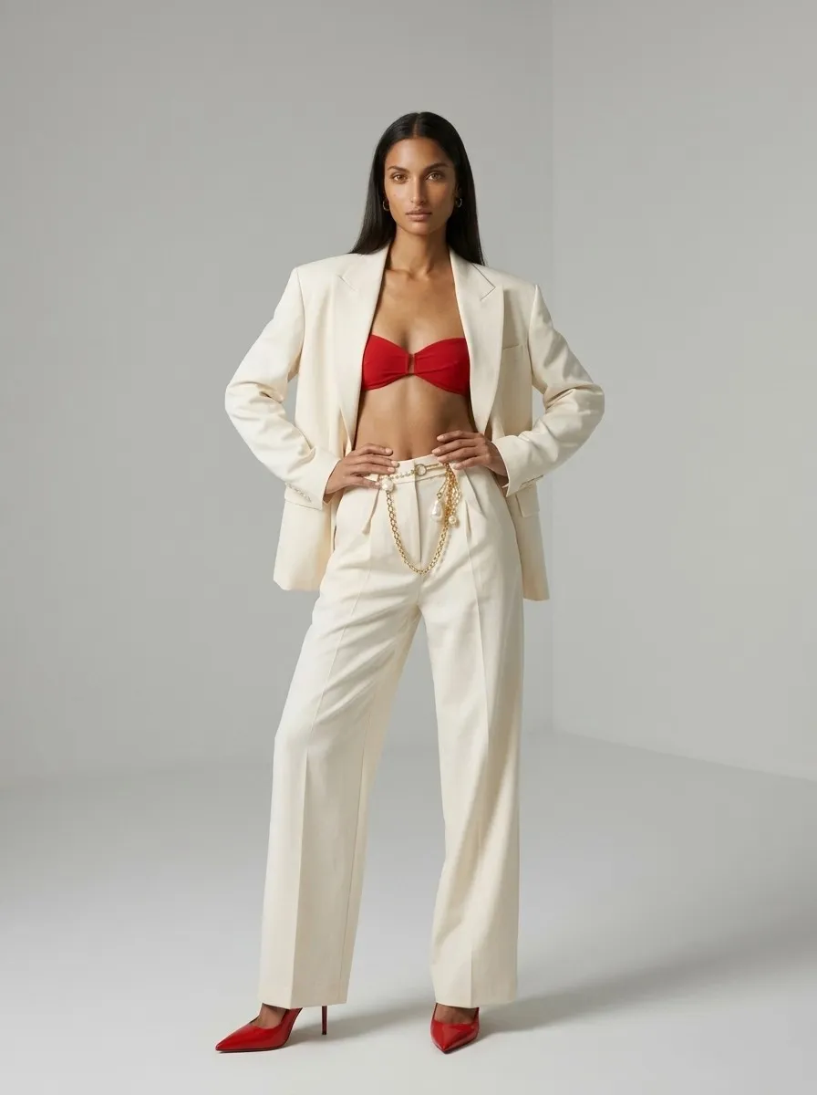 Modelo morena con traje crema de chaqueta y pantalón, top rojo y tacones rojos, con las manos en la cintura y el peso en una pierna