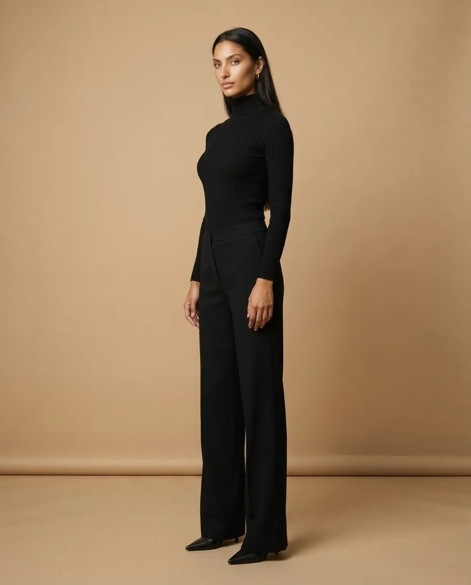 Modelo morena de cuerpo entero con el cuerpo girado en tres cuartos y la cara hacia la cámara, con body negro y pantalón ancho