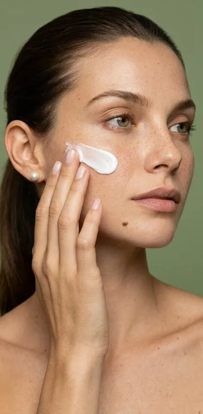 Modelo extiende crema blanca desde la mejilla hacia la sien con dos dedos