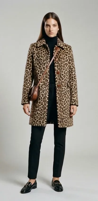 Modelo con un abrigo de leopardo sobre jersey negro de cuello alto y pantalón negro