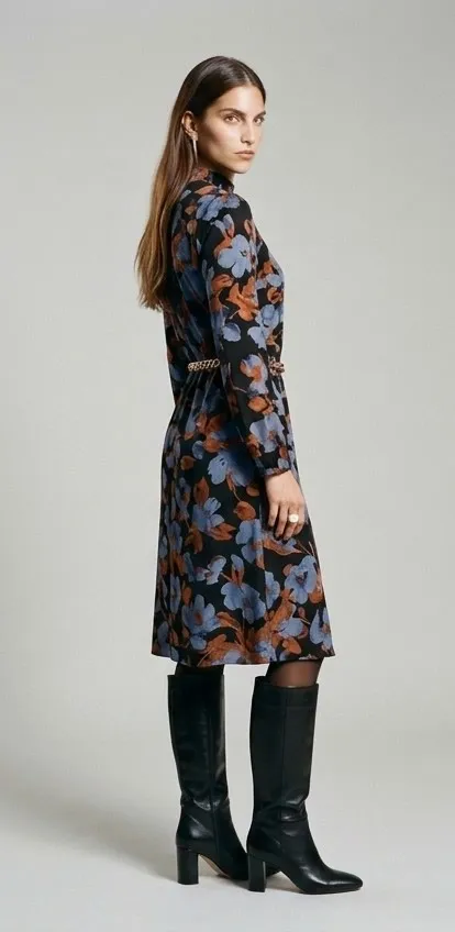 Modelo de espaldas mirando por encima del hombro con un vestido de flores, medias negras y botas altas de piel negra