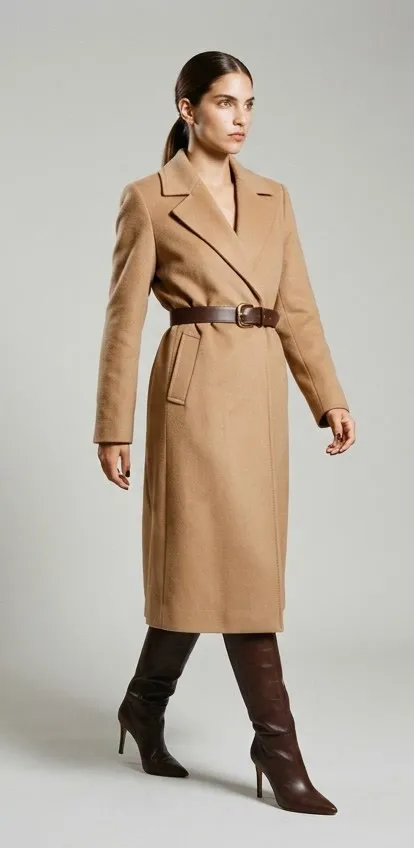 Modelo camina con un abrigo largo camel ceñido con un cinturón de piel marrón y botas altas