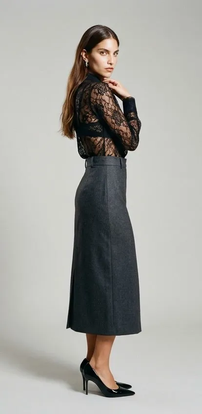 Modelo de perfil con una blusa de encaje negro semitransparente y una falda midi de lana gris