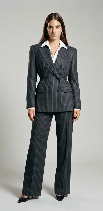Modelo con traje gris marengo de raya diplomática, americana cruzada de hombros marcados y camisa blanca
