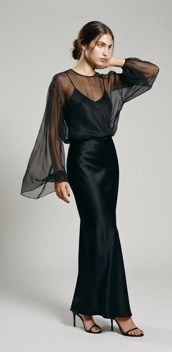 Modelo con una blusa de gasa negra transparente sobre un top de seda y una falda larga de satén negro