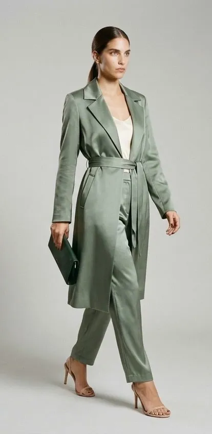 Modelo camina con un traje verde fluido de satén con cinturón y sandalias de tacón