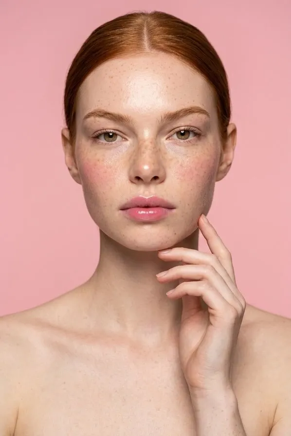 Primer plano de belleza de una modelo pelirroja con pecas y labios con brillo sobre fondo rosa