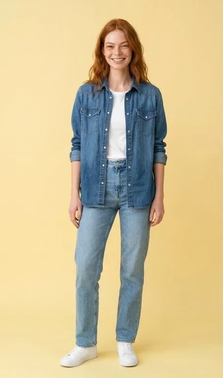 Modelo pelirroja sonriente con camisa vaquera, camiseta blanca y vaqueros