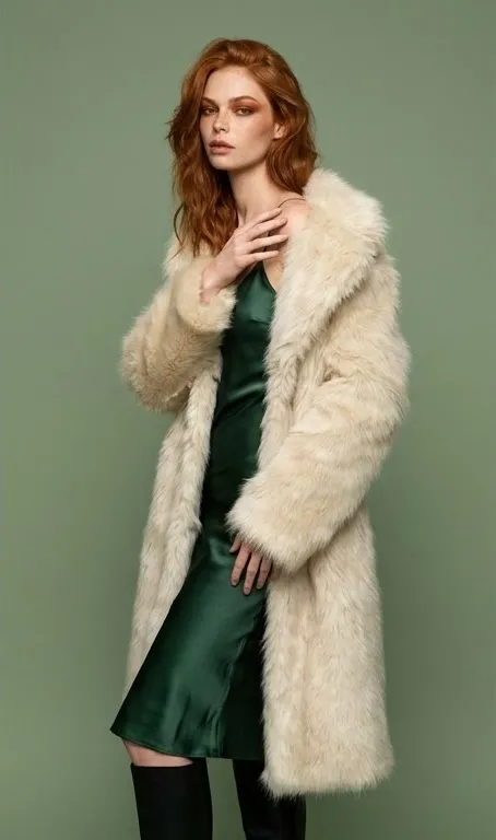Modelo pelirroja con abrigo de pelo crema sobre vestido de satén verde, en pose editorial
