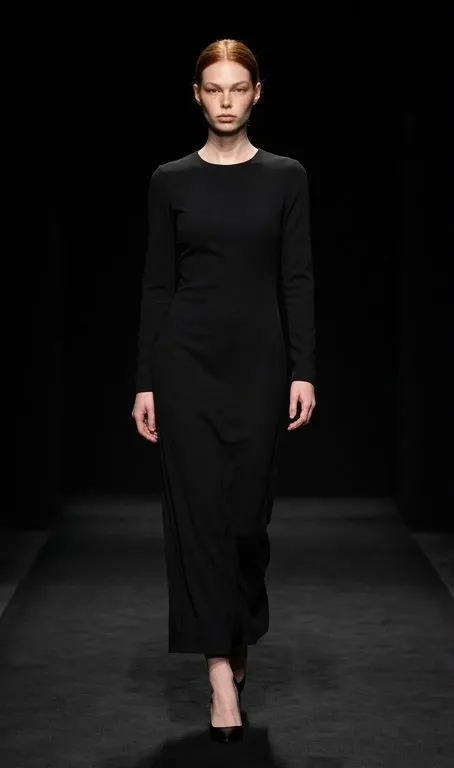 Modelo pelirroja camina por una pasarela oscura con un vestido largo negro